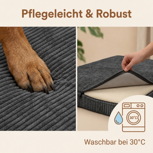 Anthrazitfarbene SOLIDOG Hundematratze mit robustem Cordbezug. Der Bezug ist abnehmbar und bei 30 °C waschbar – praktisch für einen sauberen und gepflegten Hundeschlafplatz.